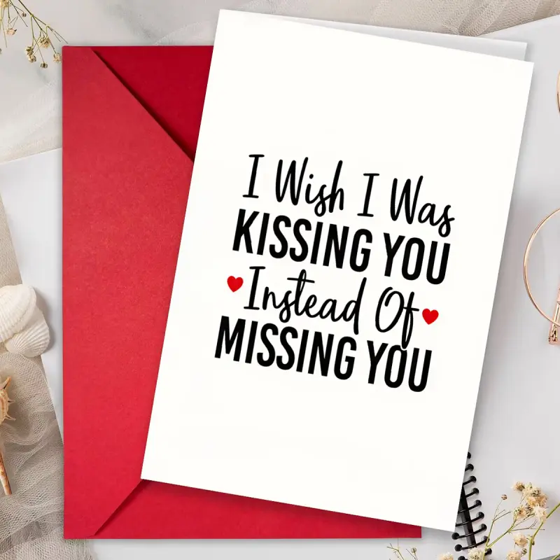 A romantic love quote greeting card, Card Design, with a red envelope and heart-shaped details, blank inside, suitable for couples' anniversaries or long-distance relationships