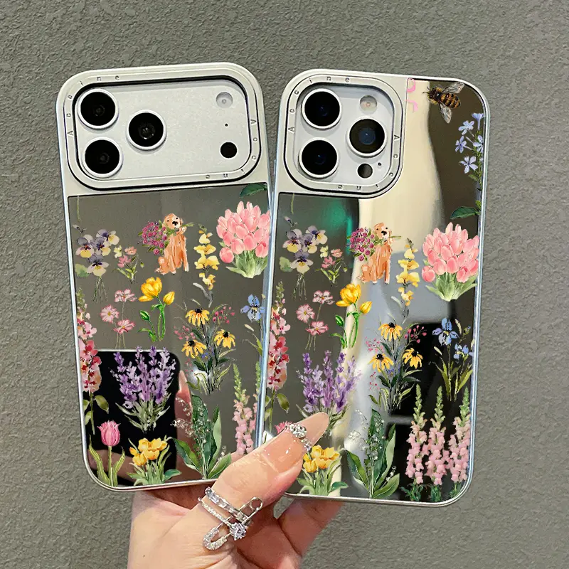 Wildflower Puppy Watercolor Reflective Mirror iPhone Case | Luxury Glossy Finish + Electroplated Border | Cute Girly Aesthetic Drop Protection Cover