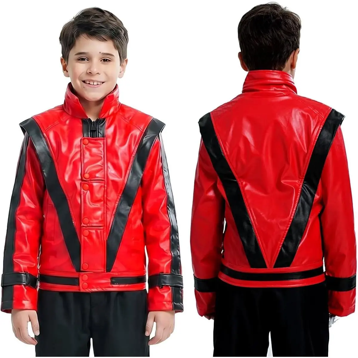Kids Red and Black Faux Leather Jacket Fashion Outwear with Zipper