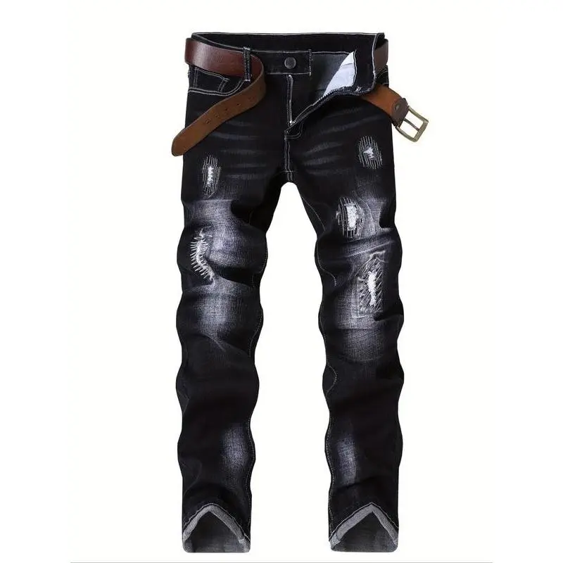 Men's Straight Leg Jeans with Embroidery Design, Comfortable Casual Denim Pants for Daily Wear, Stylish Fashion Bottoms Suitable All Seasons