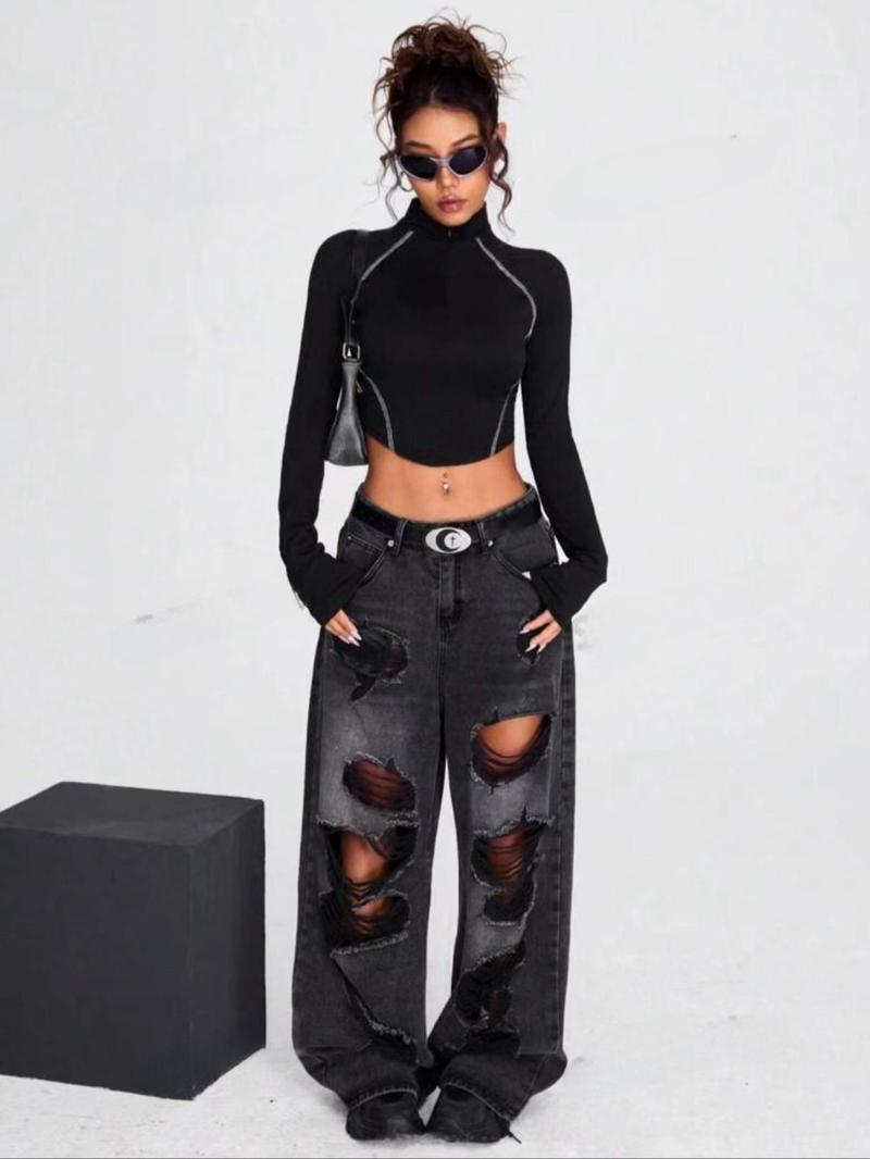 Women's Solid Color Zipper Tee, Elegant Fashion Casual Long Sleeve T-shirt for Daily Outdoor Wear, Women Clothing for Spring ＆ Fall