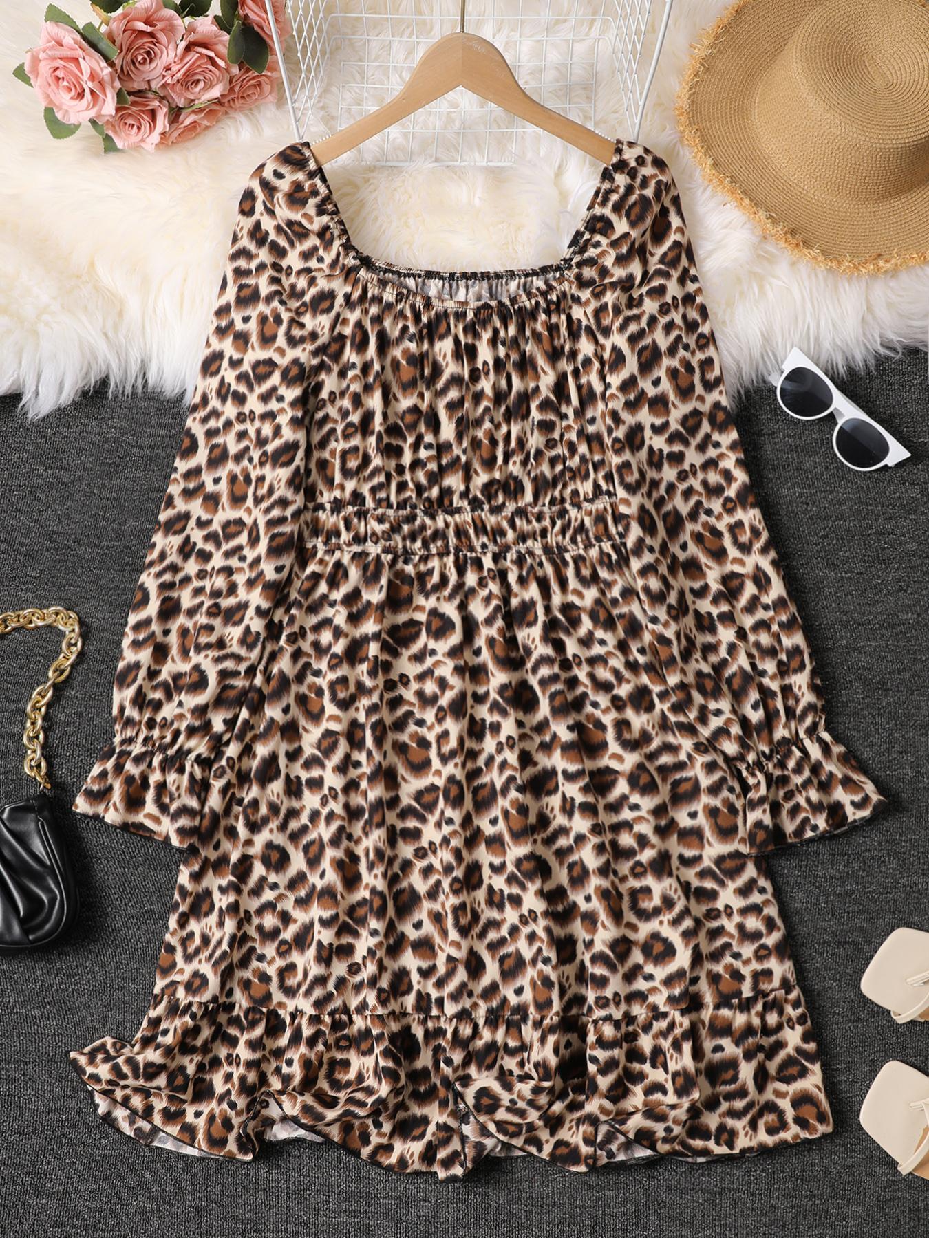 【Plus Size】 Summer Plain Casual Ruched Peplum Hem Flounce Sleeve Dress, Plus Elegant Scoop Neck Long Sleeve A Line Dress for Party Holiday Wedding Guest, Homecoming Dresses, Lady Plus Clothes for Fall & Winter