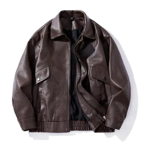 BIGWIG Menswear Street-Cool Bomber Jacket - Long-Sleeve Polyester Faux Leather Coats, Casual Loose Soft Lapel Button-Zipper PU Flight Jacket with Pockets for Autumn Winter