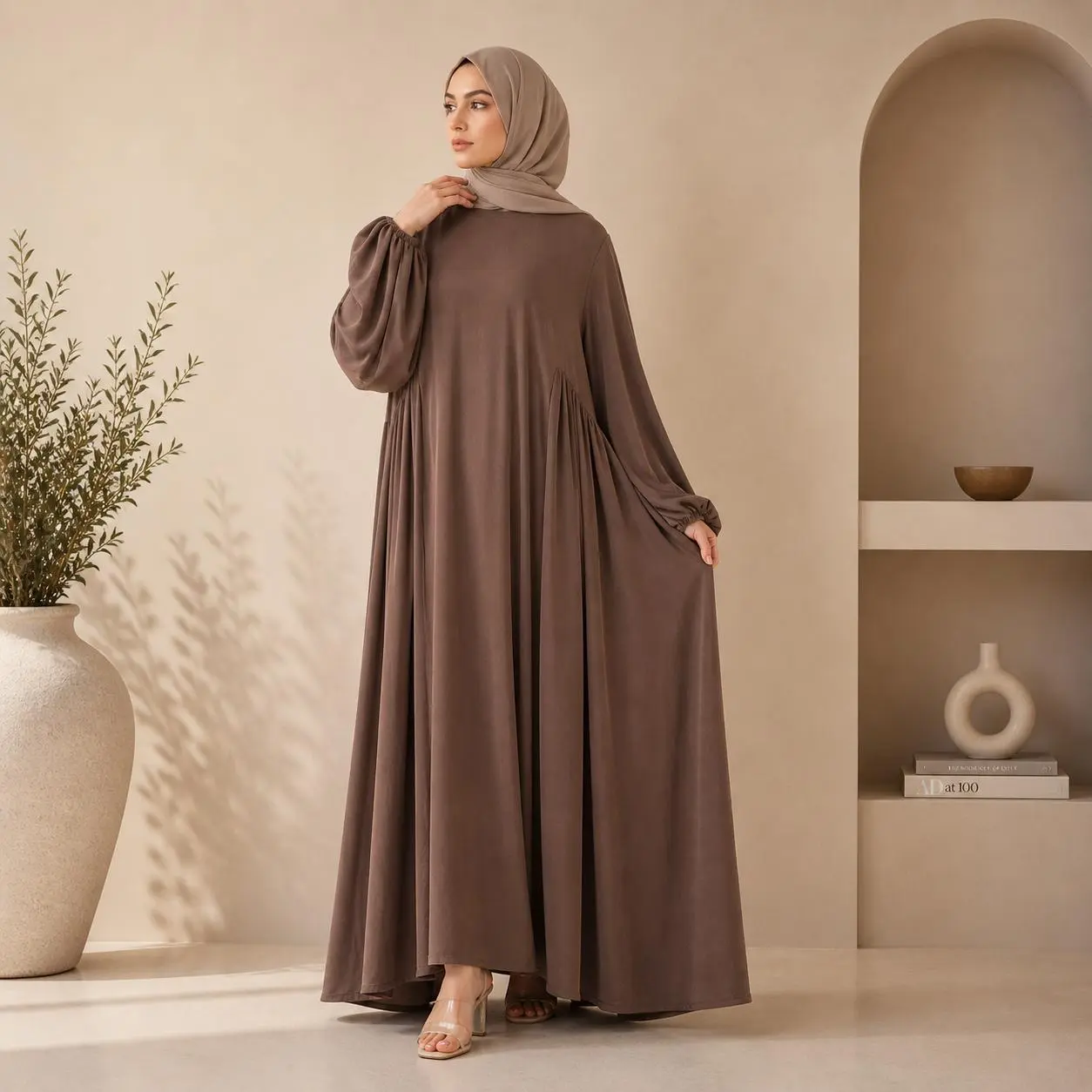 Balloon Sleeve Abaya Relaxed Fit Crepe A Line Pleated Modest Dress (MA190)