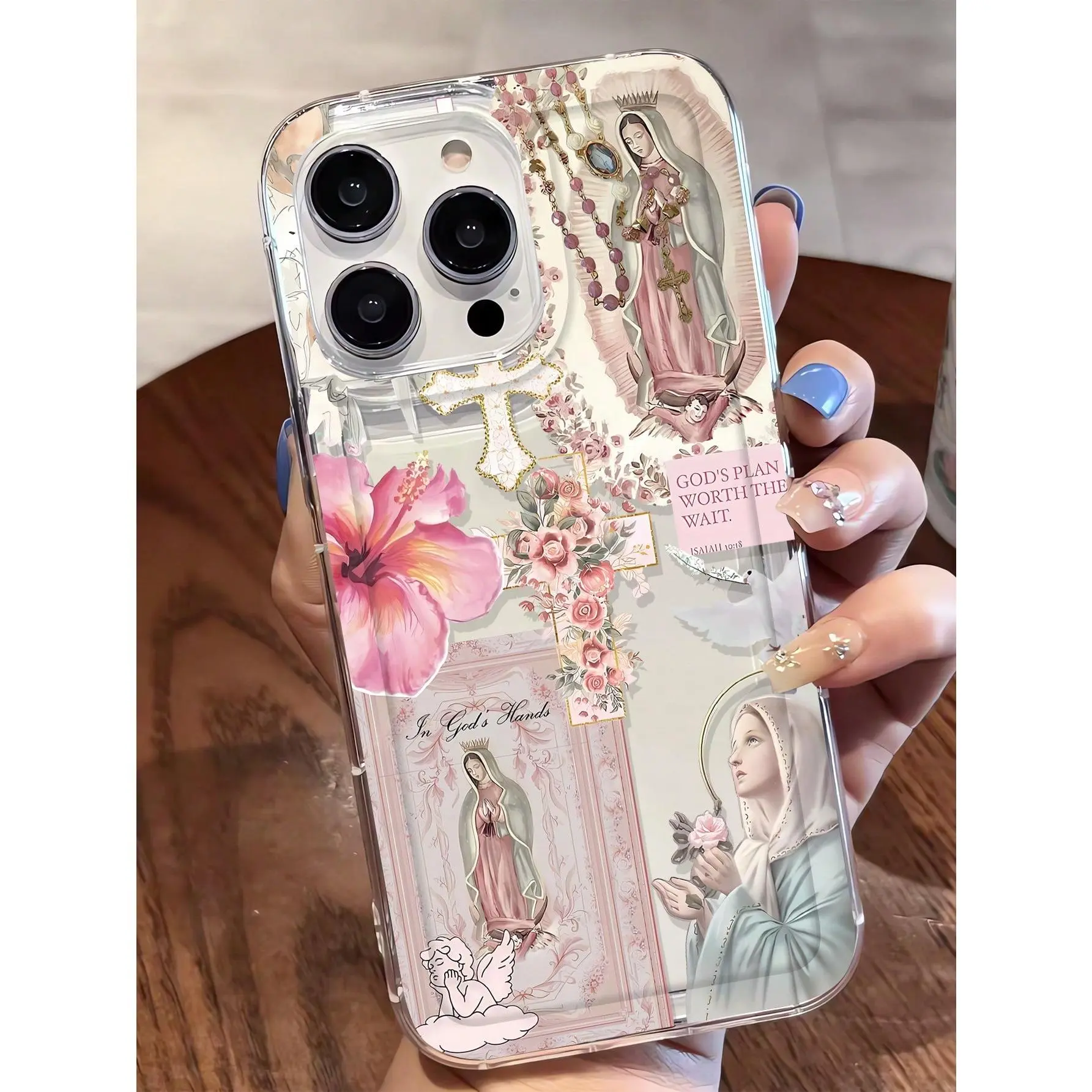 Religious Christian Elements Cross & Virgin Mary Graphic Aesthetic Pattern Transparent Phone Case - Full Body Shockproof Anti-Fingerprint Soft TPU Cover For iPhone 16 15 14 13 12 Pro Max Plus Easter Birthday Gift