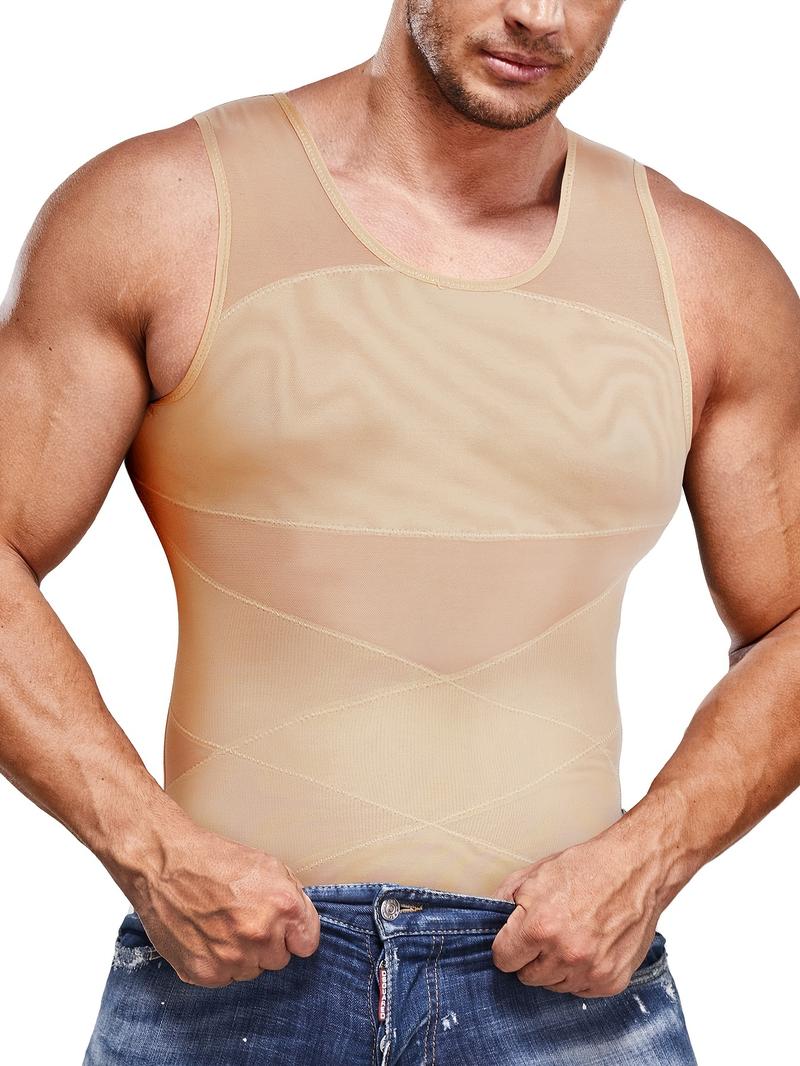 Men's Contrast Mesh Round Neck Shapewear Tank Top, Compression Shapewear Tops, Tummy Control Compression Shirt, Compression Vest for Men, Muscle Slimmer, Breathable Tank Top, Waist Trainer Vest