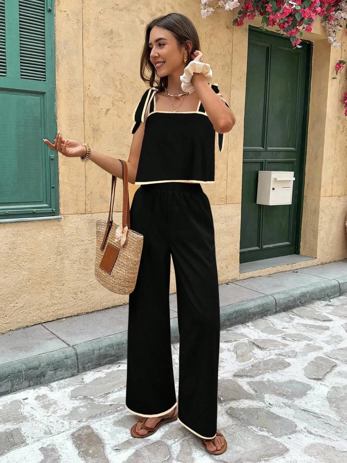 Women's Two-Piece Set, Summer Vacation Casual Style, Colorblock Apricot Trim, Tie-Back Square Neck Tank, Elastic Waist Wide Leg Pants, Clothes