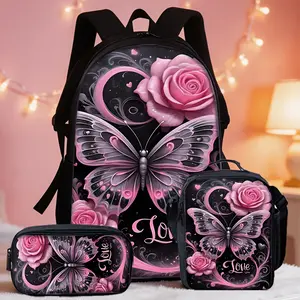 3pcs Backpack Set with Butterfly, Rose, and Heart Patterns, Fashionable Printed School Bag, Includes Large Capacity Backpack, Clutch Bag, Crossbody Bag, Multifunctional Lightweight Travel Backpack, Travel Bag with Adjustable Shoulder Straps and Zipper Des