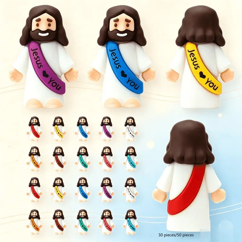 Colorful mini Jesus rubber statue multi specification set, Jesus loves you slogan hide and seek toy, Easter egg filling, treasure hunting party, baptism gospel small gift, indoor and outdoor universal decorative ornaments