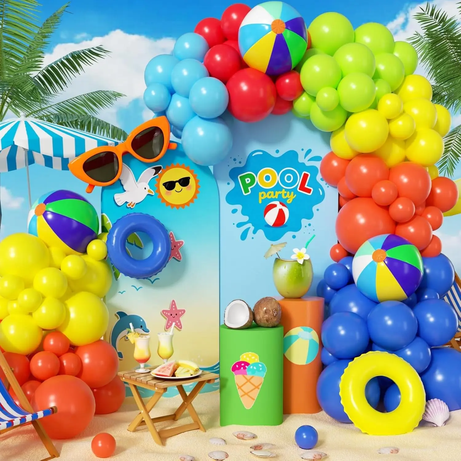 Complete 160Pcs Pool Beach Party Decorations - Hawaiian Tropical Balloon Garland Arch Kit with Beach Ball for Summer Luau Birthday Outdoor Pool Party Baby Shower Gender Reveal Decor