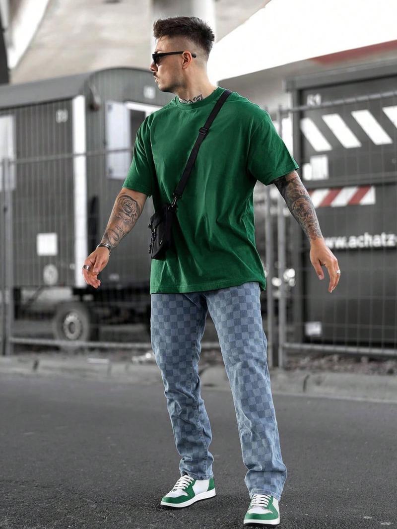 Men's Regular Fit Solid Drop Shoulder Half Sleeve Tee, Casual Comfy Round Neck T-shirt for Summer, Fashion Men's Top for Daily Wear