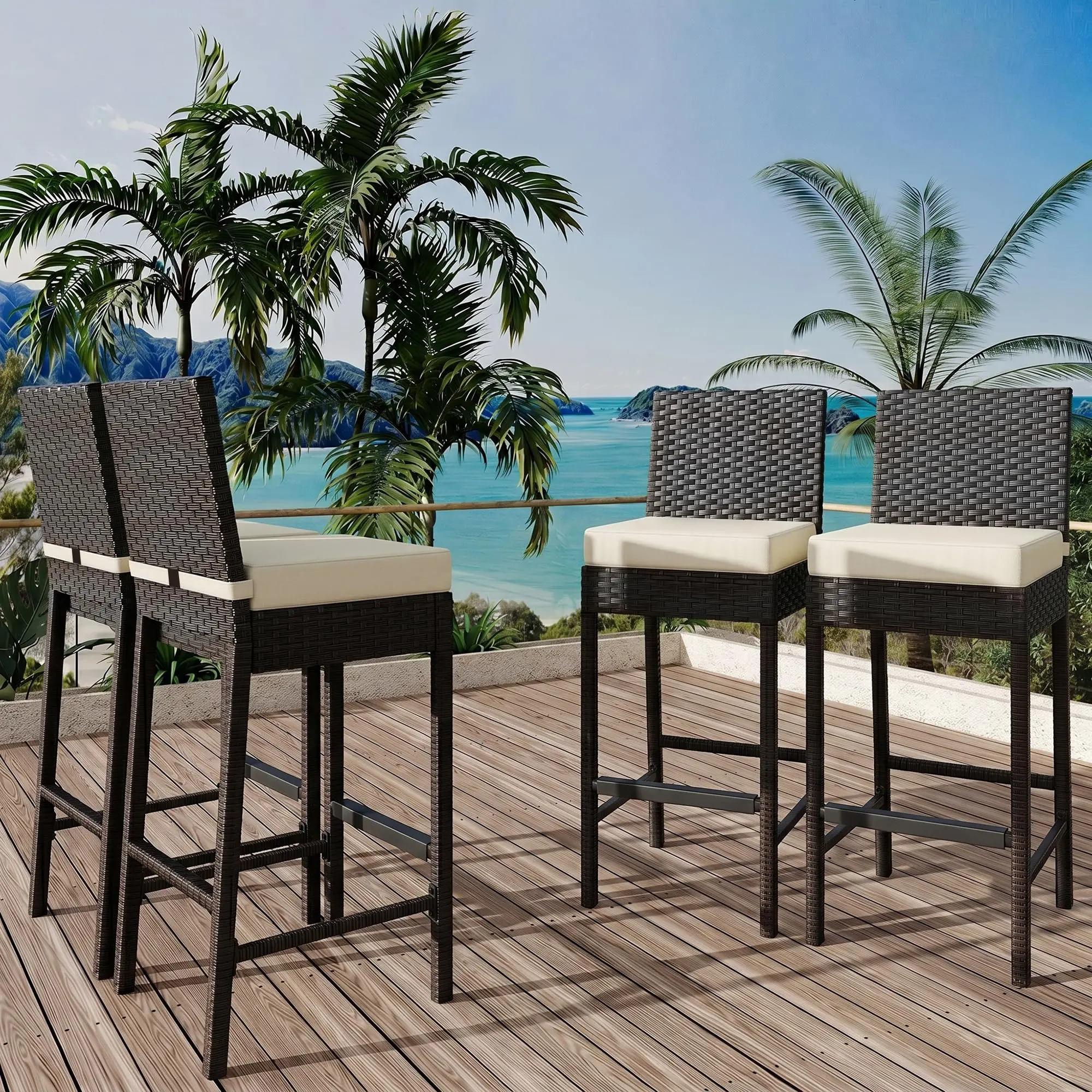 4PC Outdoor Wicker Bar Stools,Patio Rattan Barstools for Backyard