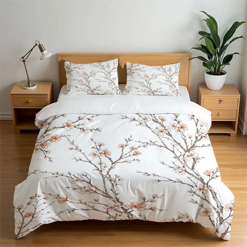 Cherry Blossom Floral Duvet Cover Set, Soft Microfiber Bedding Set, Vintage Spring Flower Branch Print with Pillowcases, Single‑Side Print, Comforter Not Included