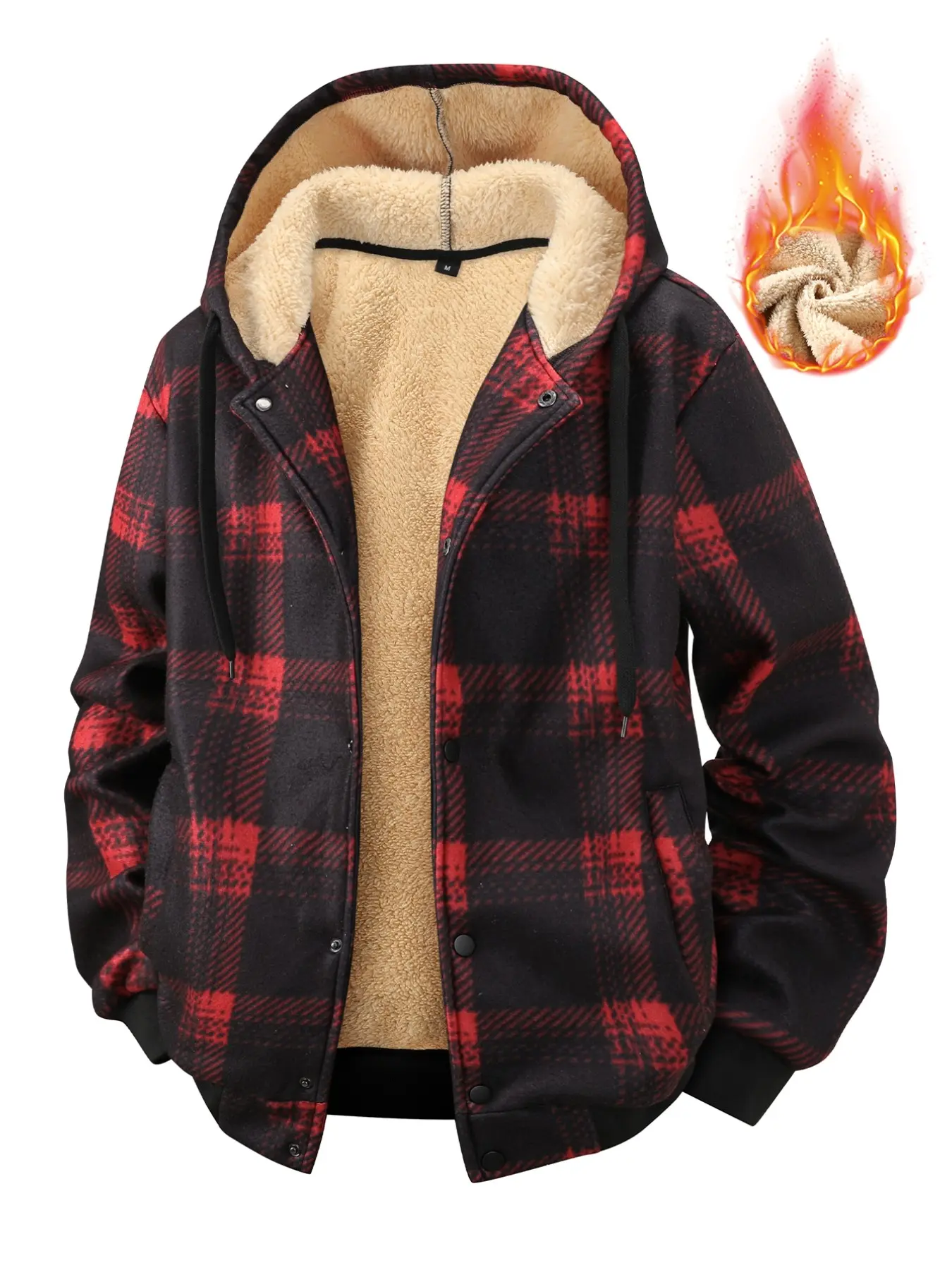 Men's Thick Sheepskin Lined Plaid Hooded Jacket, Winter Warm Windproof Button Coat, Casual Loose-Fit Outerwear for Cold Weather