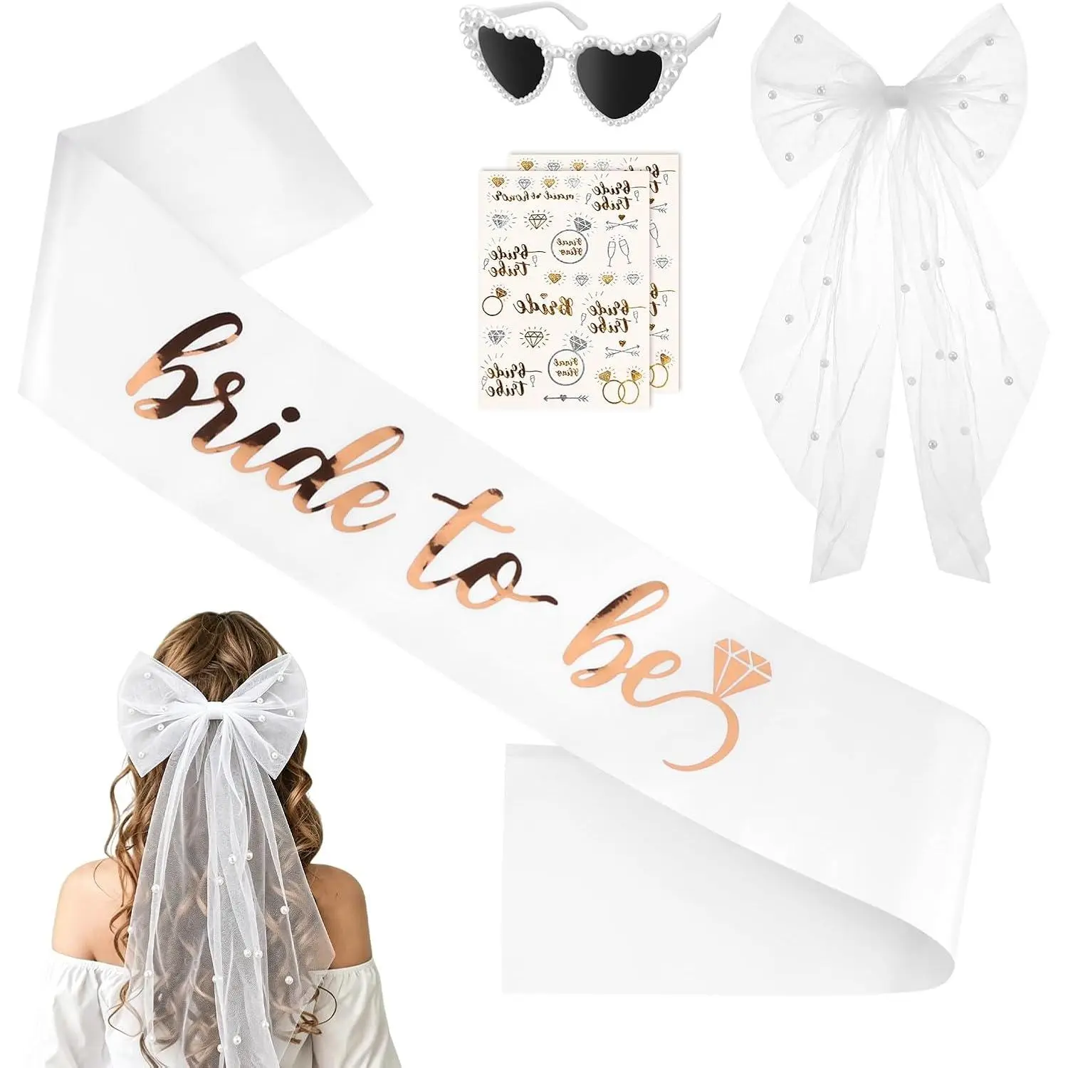 5 count Bride to Be Set, Bride Bachelorette Party Accessories with  Heart Sunglasses, Sash & Bow Veil, Bachelorette Party Decorations for Engagement & Wedding Gifts