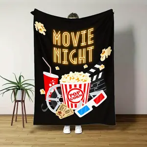 Cozy Movie Night Flannel Blanket - Plush Soft 100% Polyester Film Reel & Popcorn Design With Neon Cinema Theme, Black Background - All-Season Durable Throw For Home Theater, Camping, Couch - Gift For Movie Lovers