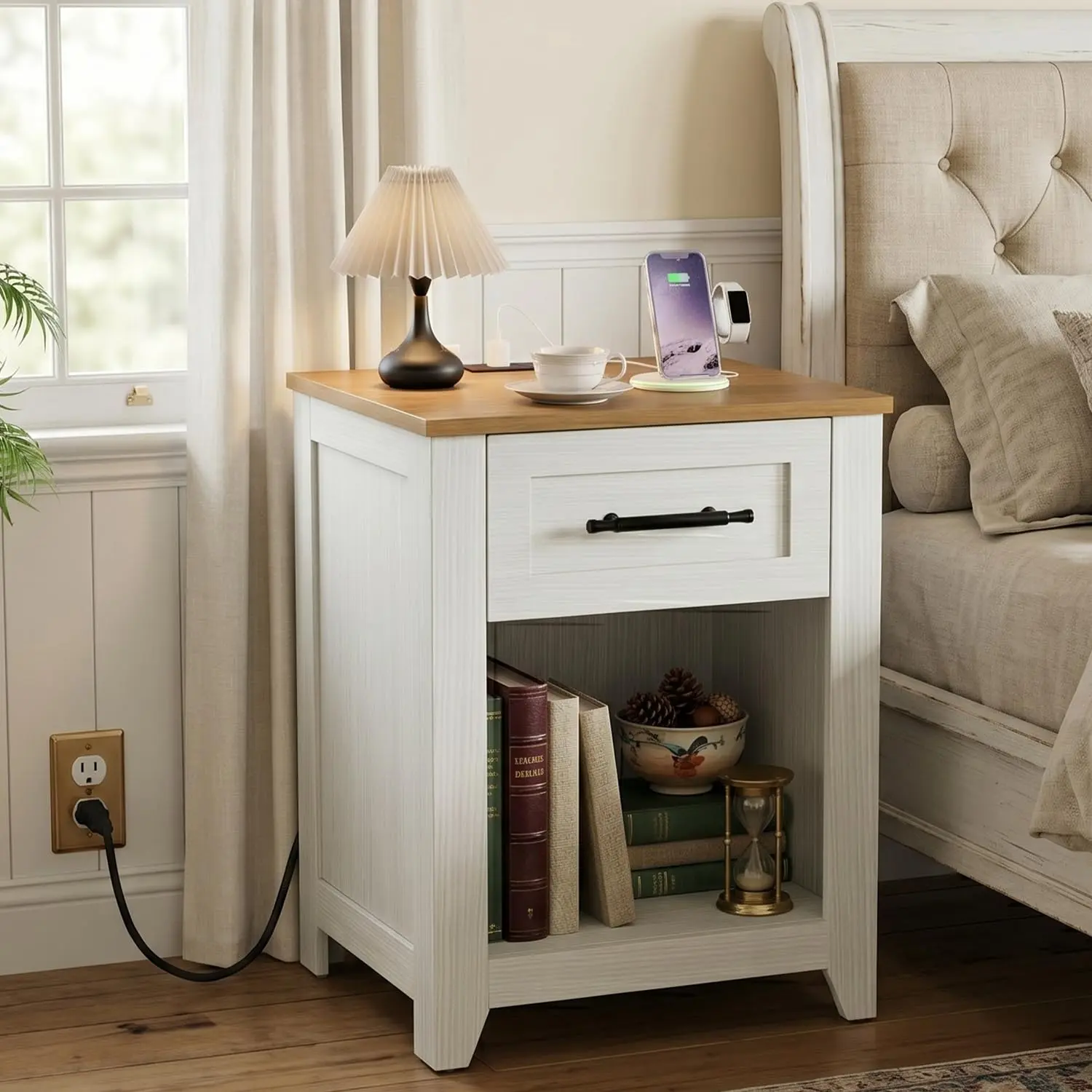 23.6 Inch Farmhouse Bedside Table Only with Built-In Charging Station, Equipped with 1 Drawer, USB-C Ports, AC Outlets and Open Storage Shelf for Bedroom & Living Room