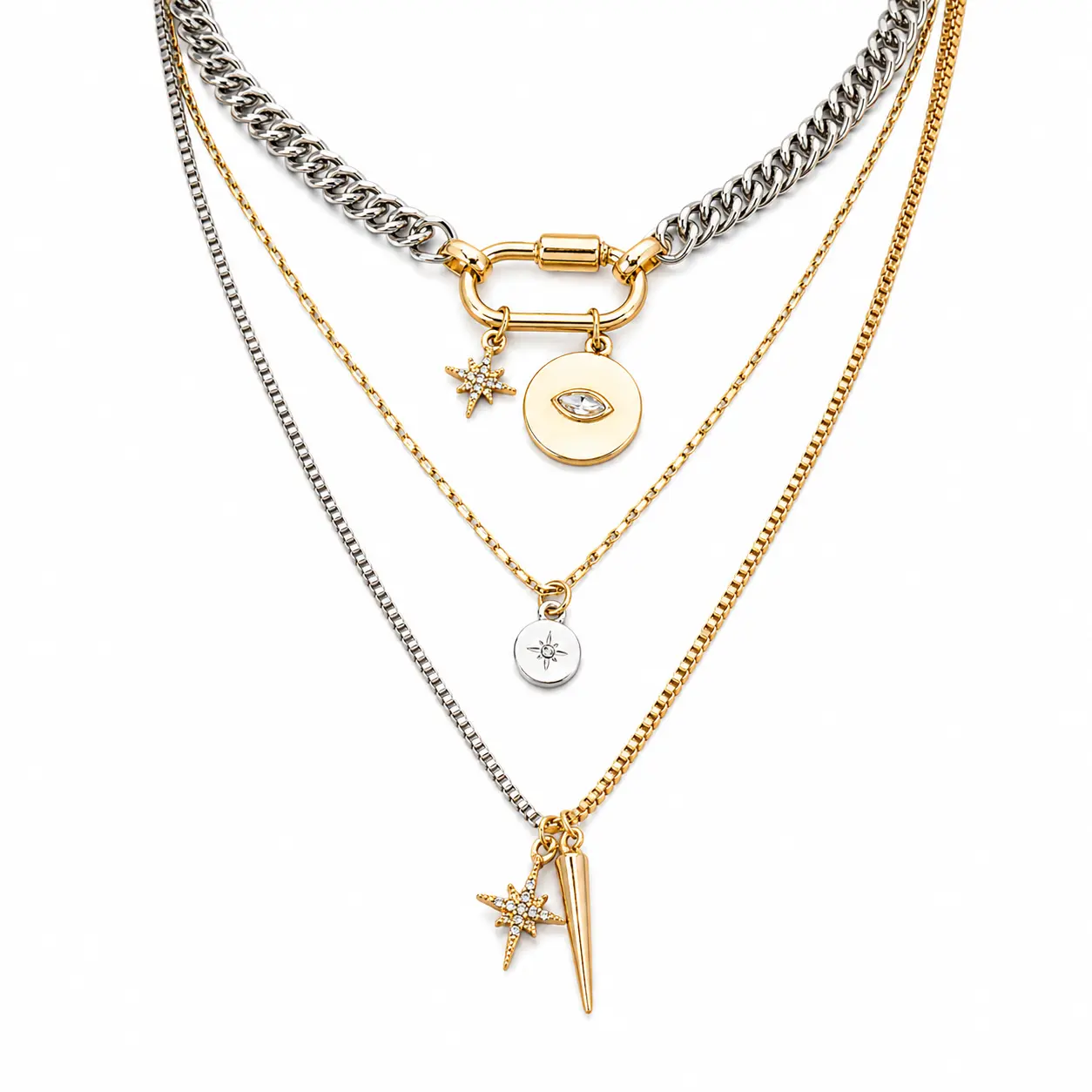 Women's 3-Layer Mixed Metal Necklace - KC Gold Metal Coating Layered Charm Necklace, Hypoallergenic Alloy Chain with Round Disc, Star, Spike Pendants, Casual Female Women's Fashion Jewelry Gift, Long, Retro, Eye, Decorative Charm Necklaces