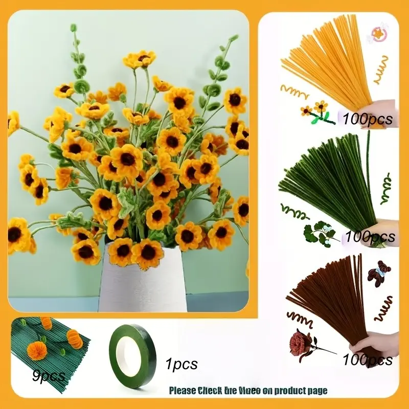 310-Piece Handmade Sunflower Craft Kit with Tutorial Video, Adult Soft Tube Cleaning Material, Chenille Stems for Wedding Bouquets and Party Decor