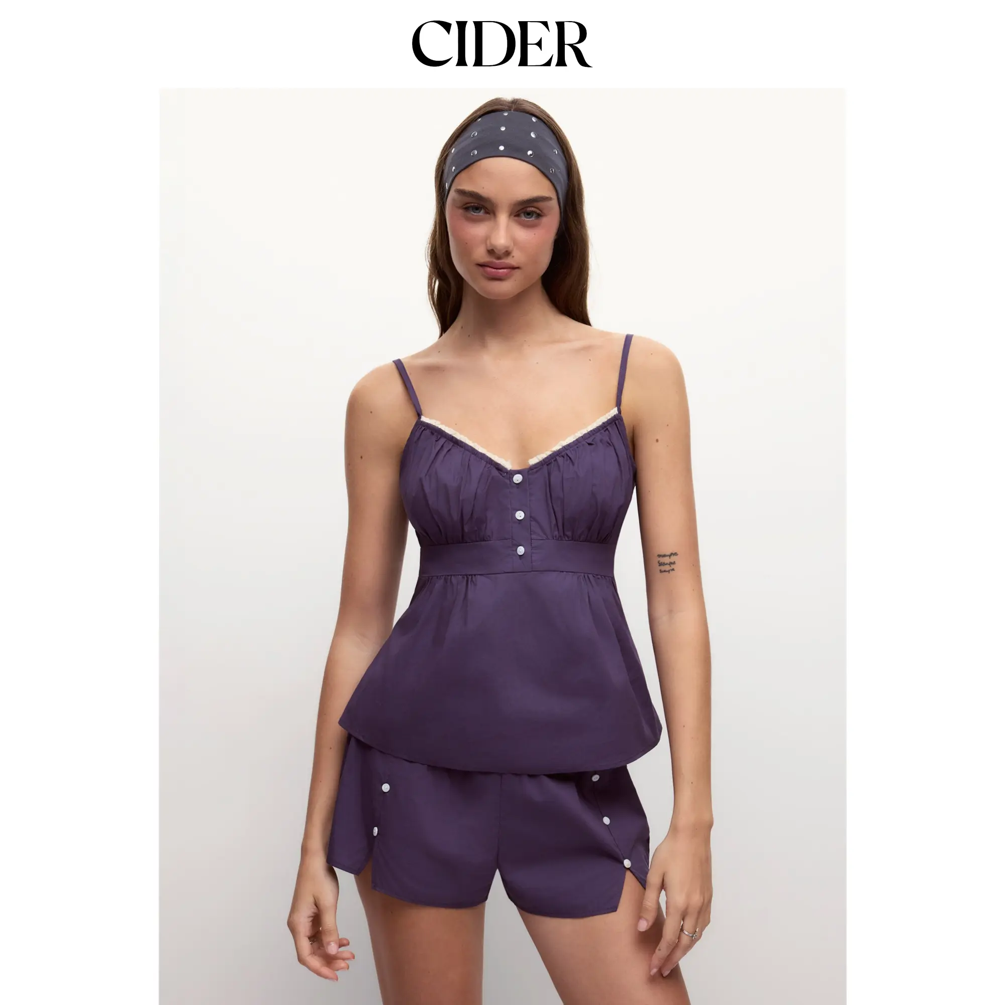 Cider Cotton Color-block Square Neck Shirred Cami & Mid Rise Wide Leg Loungewear Set