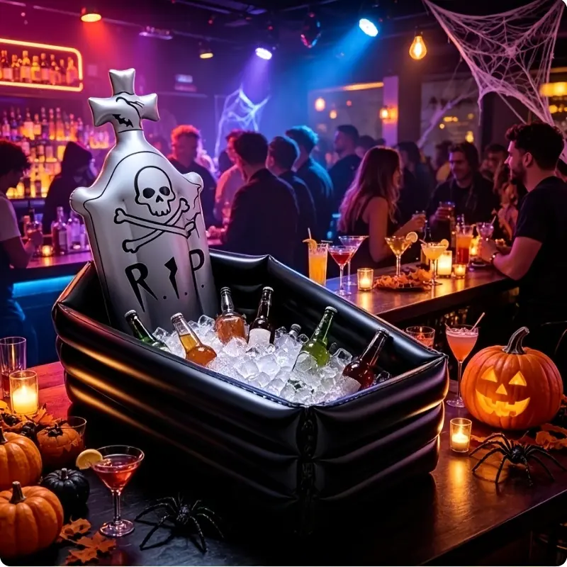 Halloween Inflatable Black Coffin Tombstone-shaped Ice Bucket, Perfect for Indoor and Outdoor Party Decorations. Large Capacity Ice Bucket Ideal for Picnics, Barbecues, and Family-themed Spooky Gatherings.