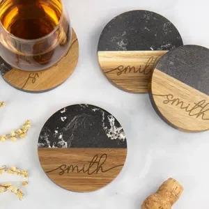 10 Pcs Set Handcrafted Marble Coasters Set Black Marble Wood Round Coasters Set for Tea Coffee Tabletop Protection Helper