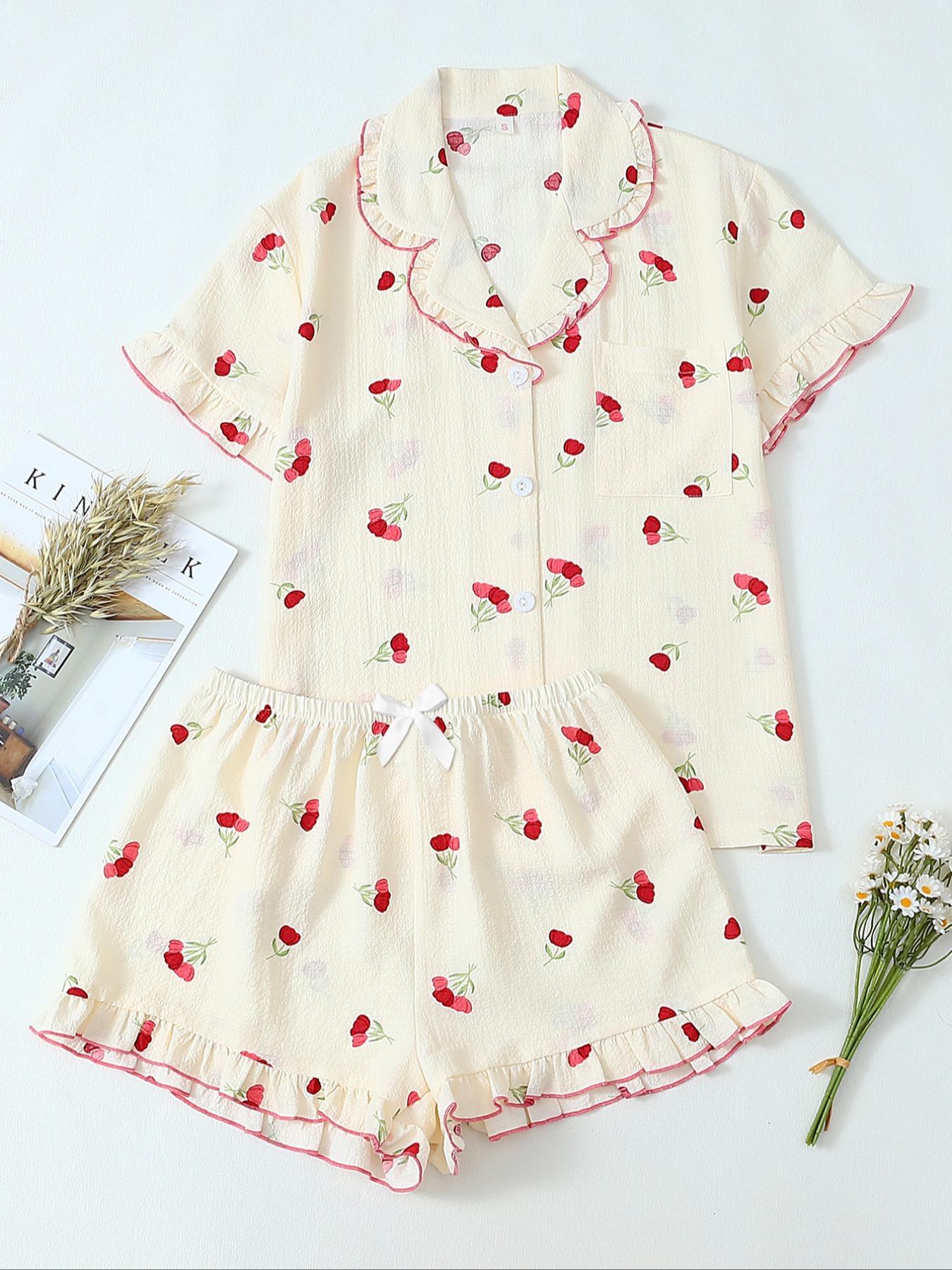 Women's Floral Print Pocket Shirt & Shorts Pyjama Two-piece Set, Casual Comfy Short Sleeve Collared Top & Shorts PJ Set, Ladies Summer Sleepwear Pajamas