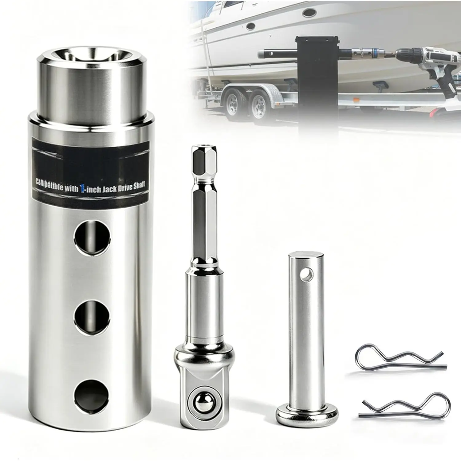 Trailer Jack Drill Adapter Compatible with 1 Inch Jack Drive Shaft Stainless Steel Handle Cordless Drill Adapter with 1/2 Inch Socket Adapter Bit Attachment for Top Wind Trailer Jack Crank