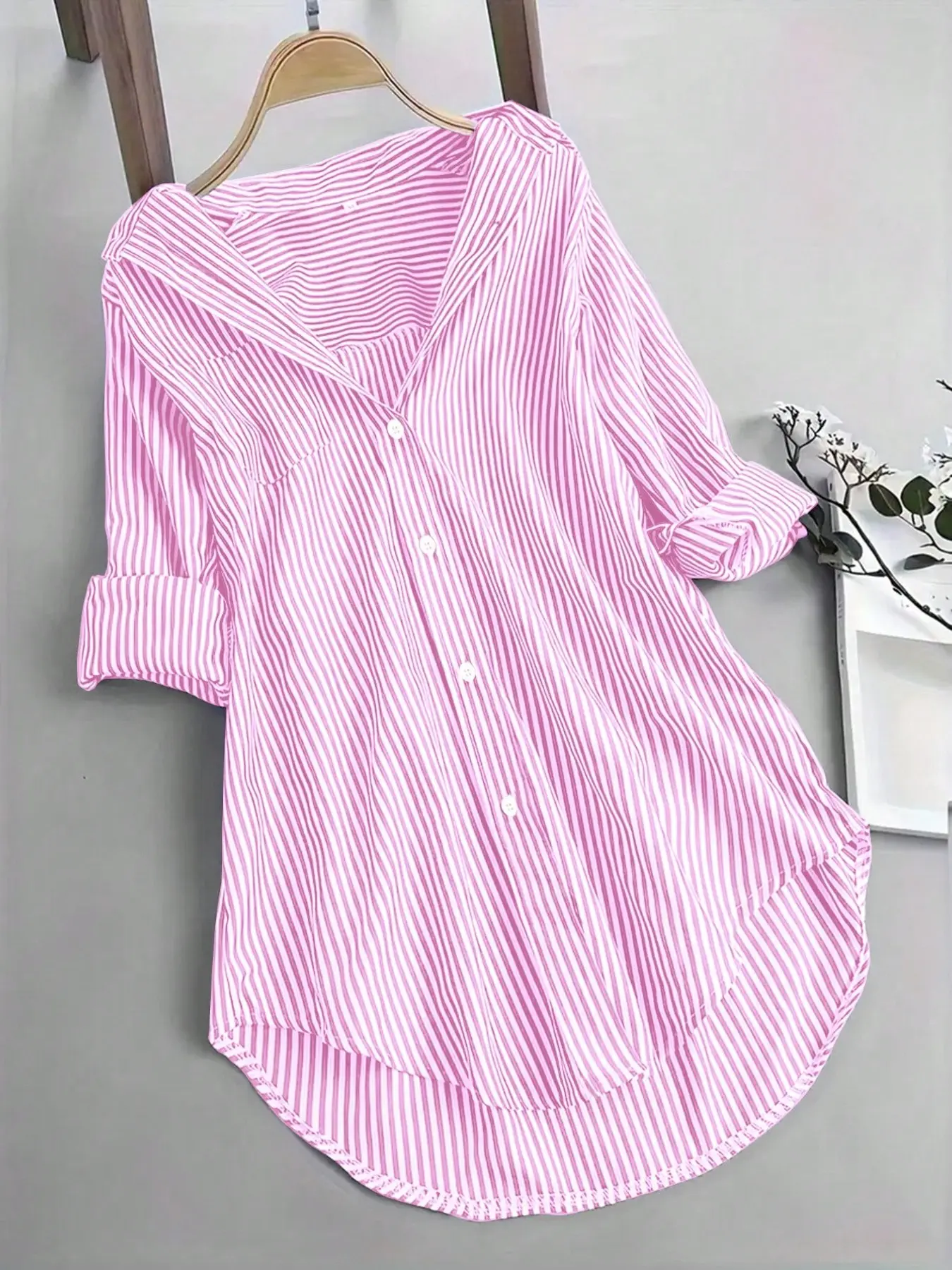Spring Summer Women's Striped Long Sleeve Shirt, Button Down Front Single Button Casual Versatile Commute Medium-Length Blouse, Fashionable Daily Wear Top