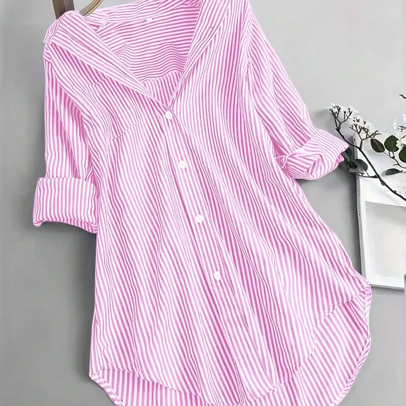 Spring & Summer Women's Striped Long Sleeve Shirt, Casual Versatile Commute Medium-Length Blouse with Buttons, Fashionable Daily Wear Top, Button Front Top