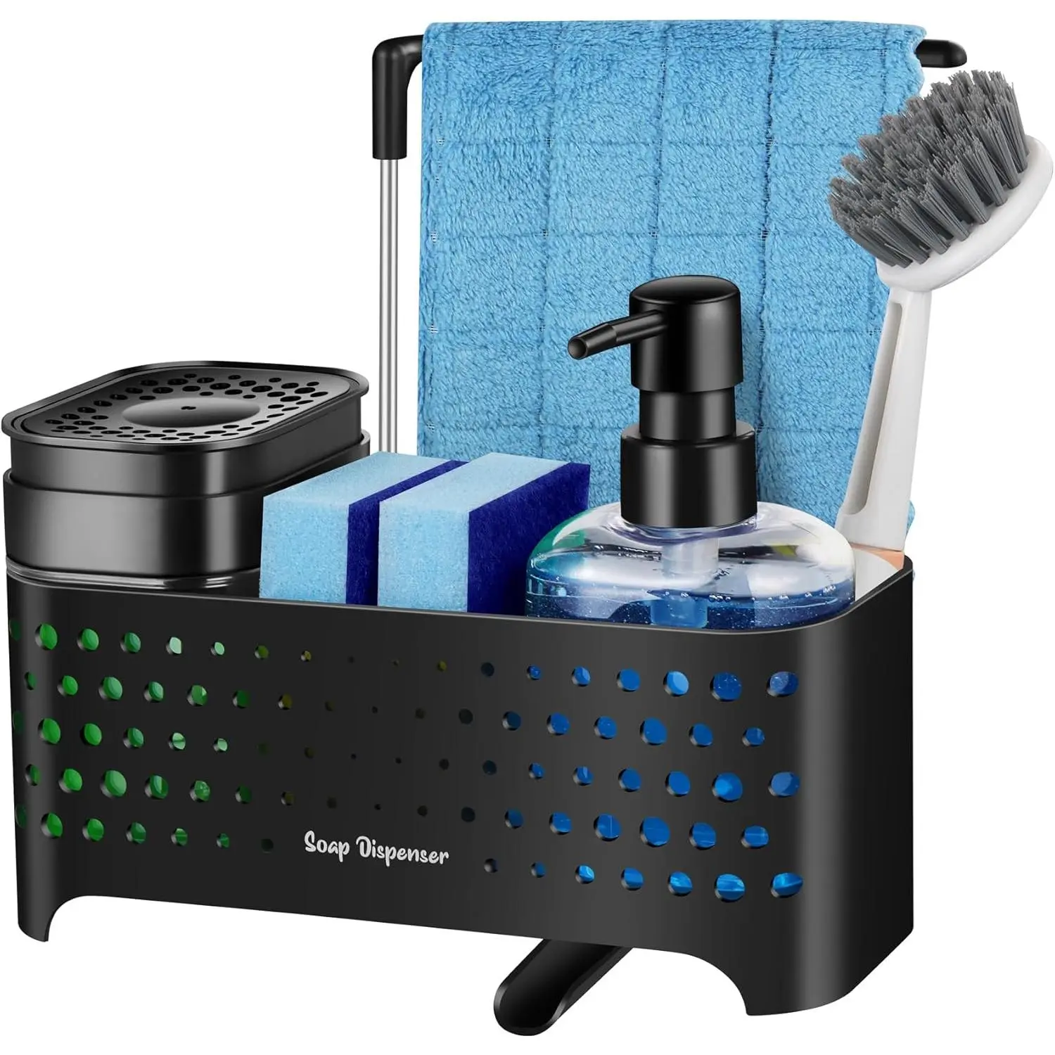 Soap Dispenser Set, Sponge Holder for Sink, Hand and Dish Soap Dispenser with Sink - 5-in-1, Non-Slip Drainage Sink Organizer (Black)