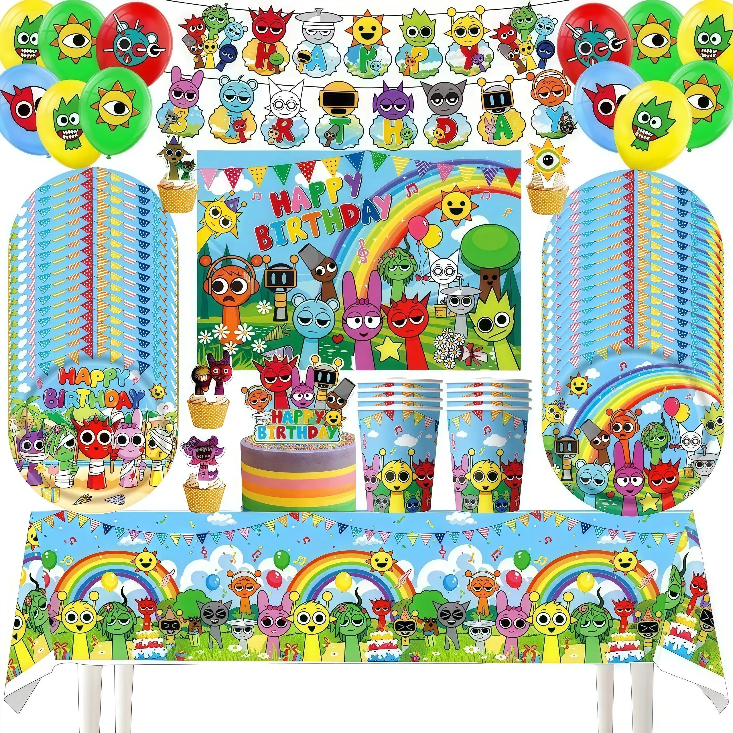 Sprunki Birthday Party Decoration Tableware Cup Plate Tablecloth Balloon Cake Topper for Kids Baby Shower Event Party Supplies
