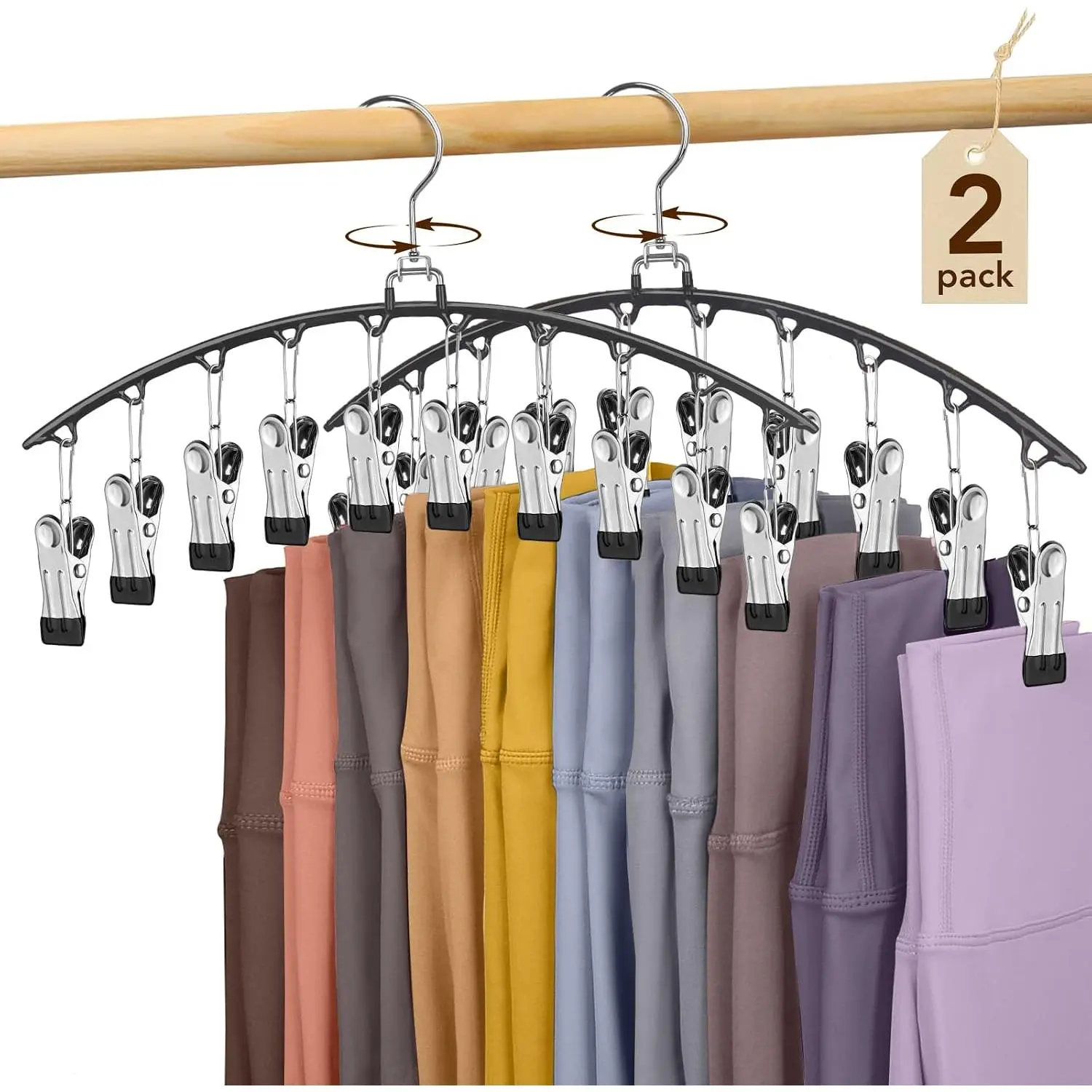 Legging Organizer for Closet 360° Swivel, Metal Yoga Pants Hanger 2 Pack w/10 Clips Holds 20 Leggings, Space Saving Hanger Closet Organizers and Storage, Pants Hangers for Pants, Skirts, Hats (Black)