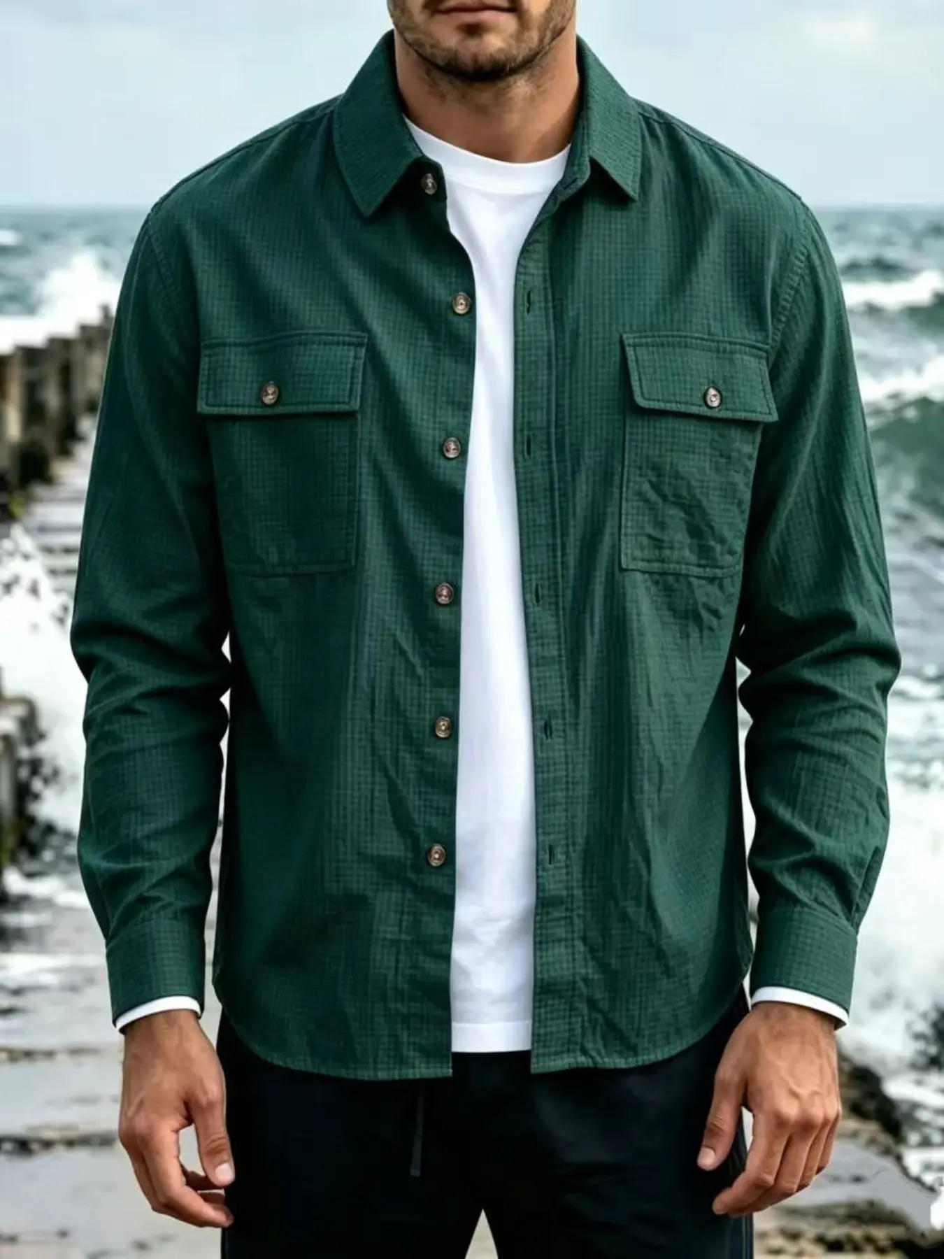 Men's Waffle Long Sleeve Work Shirt, Dual Button Chest Pocket, Collar Design, Casual Outdoor Jacket, Spring & Fall Outerwear