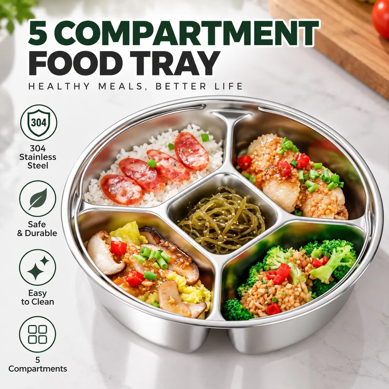 304L Stainless Steel Divided Steaming Tray with Handles, Round Compartment Portion Control Plate, Reusable Steamer for Vegetables & Meat, Steamer with Divider