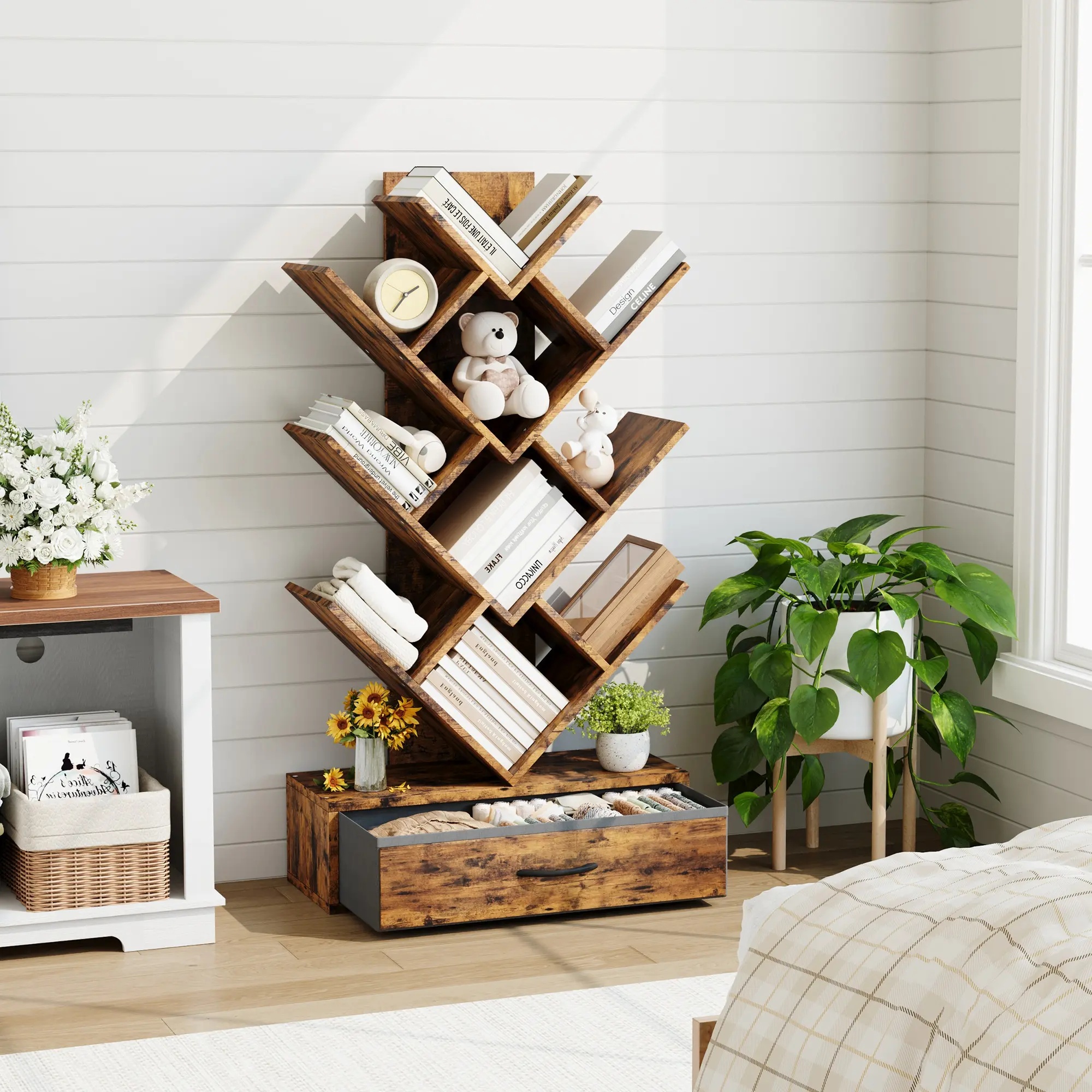 Tree Bookshelf with LED Lights, 7-Tier Bookcase with Fabric Drawer, Narrow Industrial Floor Standing Storage Rack for Small Spaces, Living Room, Bedroom, Home Office