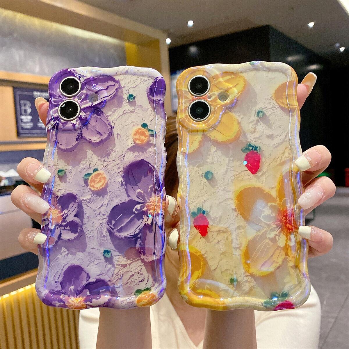 Colorful Retro Oil Painting Printed Flower Laser Glossy Case for iPhone 17 Pro Max 16 15 14 13 Cute Curly Wave Edge Exquisite Phone Cover Stylish Durable TPU Protective Case for Girl Women