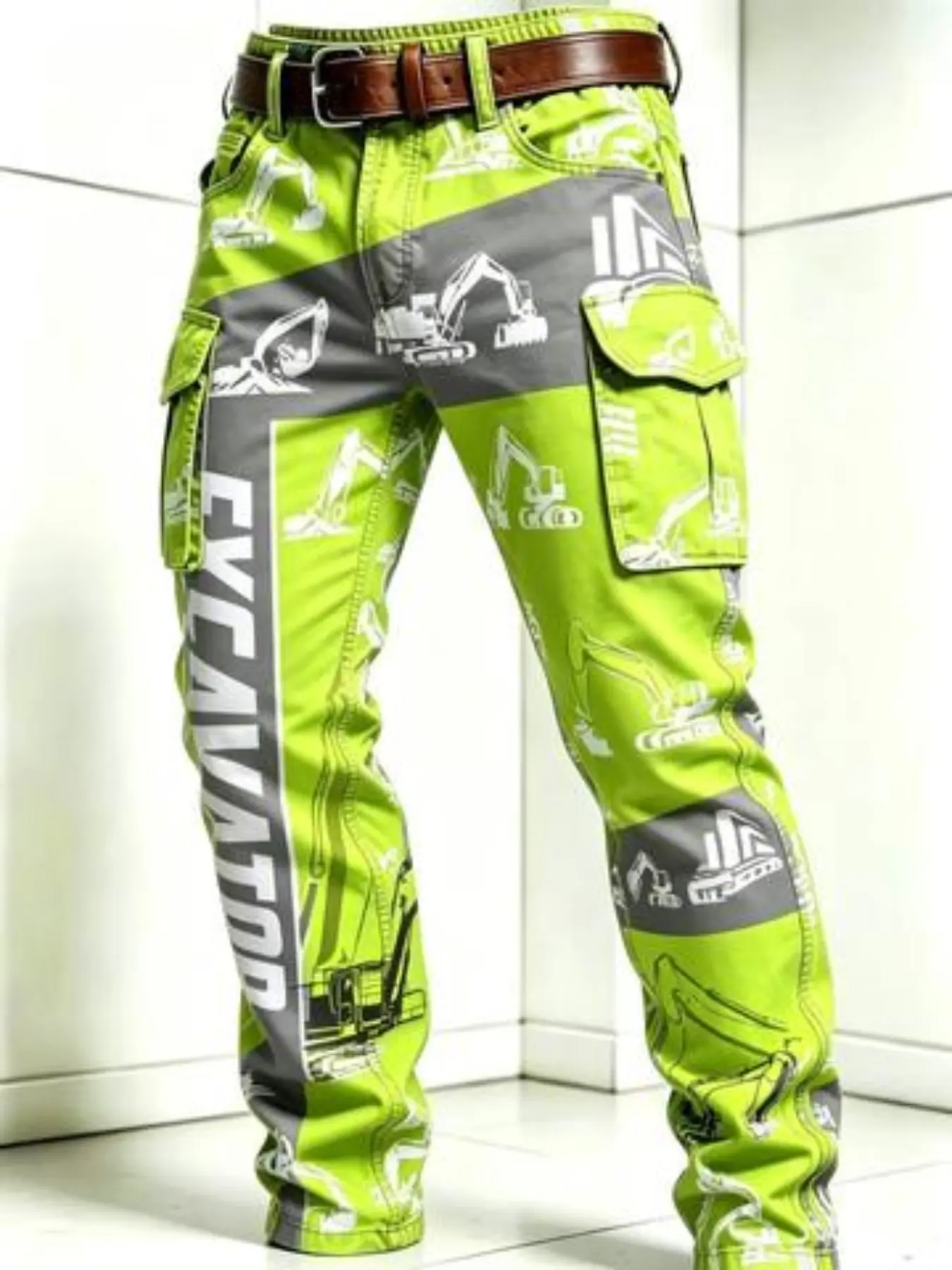 Men's Engineering Excavator Full Print Colorblock Cargo Pants, Heavy Machinery Theme Streetwear Straight Leg Casual Trousers