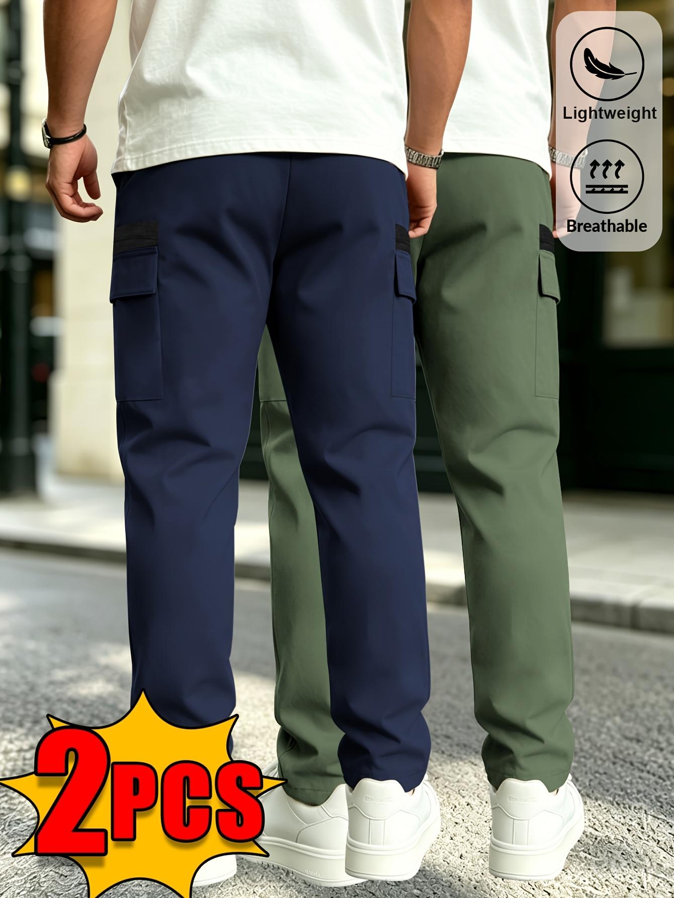 Veiskor Menswear Men’s 2-Pack Simple Basic Loose Polyester Functional Cargo Straight-Leg Pants for Spring/Summer, Elastic Drawstring Waist, Contrast Color, Side Zipper Pockets, Lightweight Breathable, Versatile Casual for Outdoor Activities, Commuting, Ca