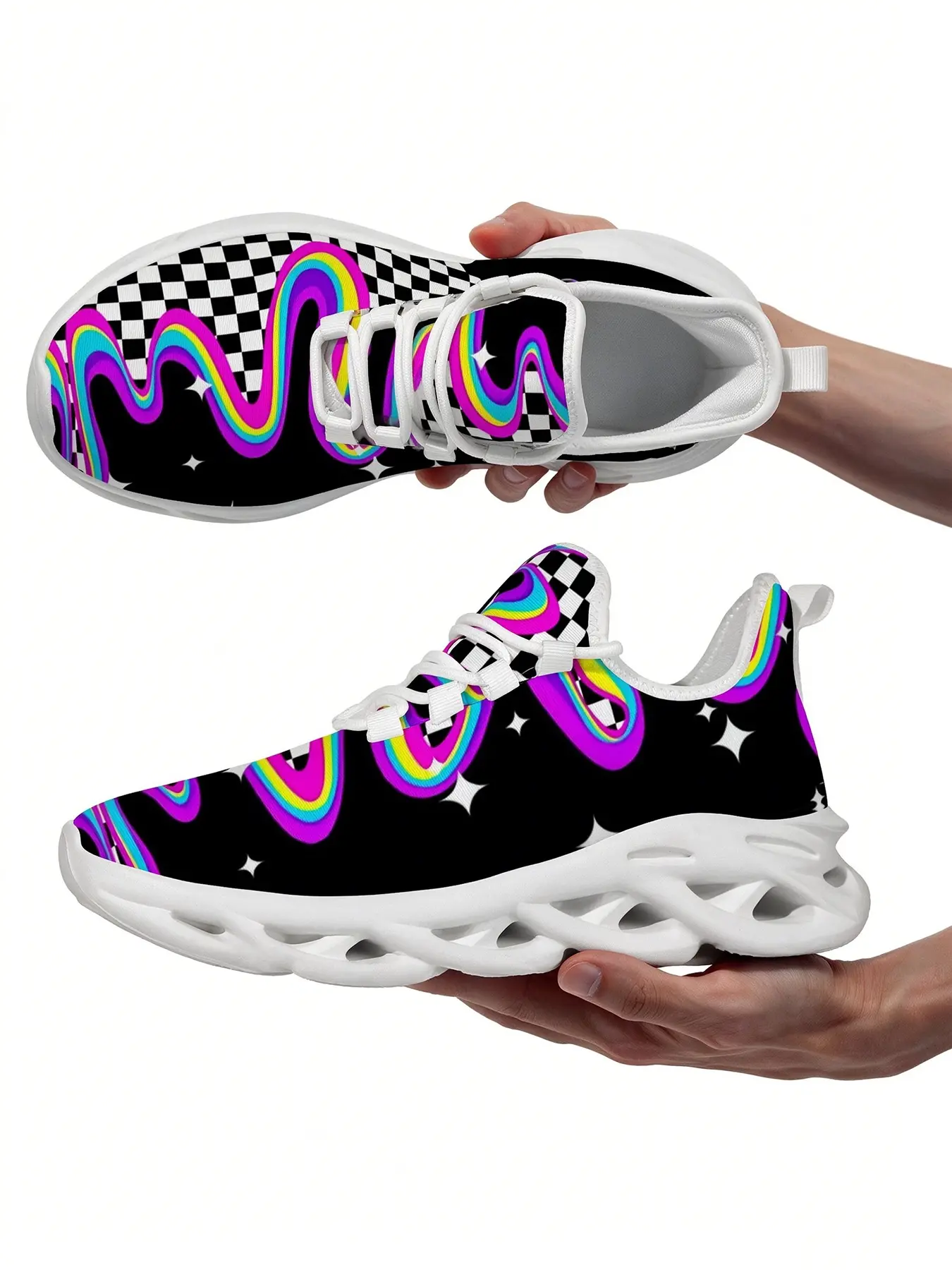 Neon Rainbow Swirl Checkerboard Print Blade Chunky Sneakers For Men Women Comfortable Absorbing Hollow Wave Sole Non Slip Casual Walking Sneakers Street Style Versatile For Daily Outings Low Top Sneakers