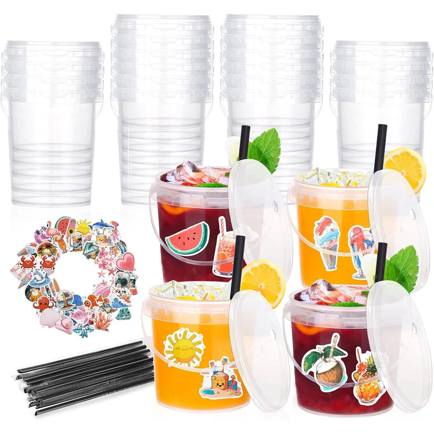 30 Pcs Drink Buckets for Parties with Lids and Straws Rum Plastic Clear Cocktails Disposable Containers Bucket with 50 Pcs Summer Stickers for Pool Picnic Party