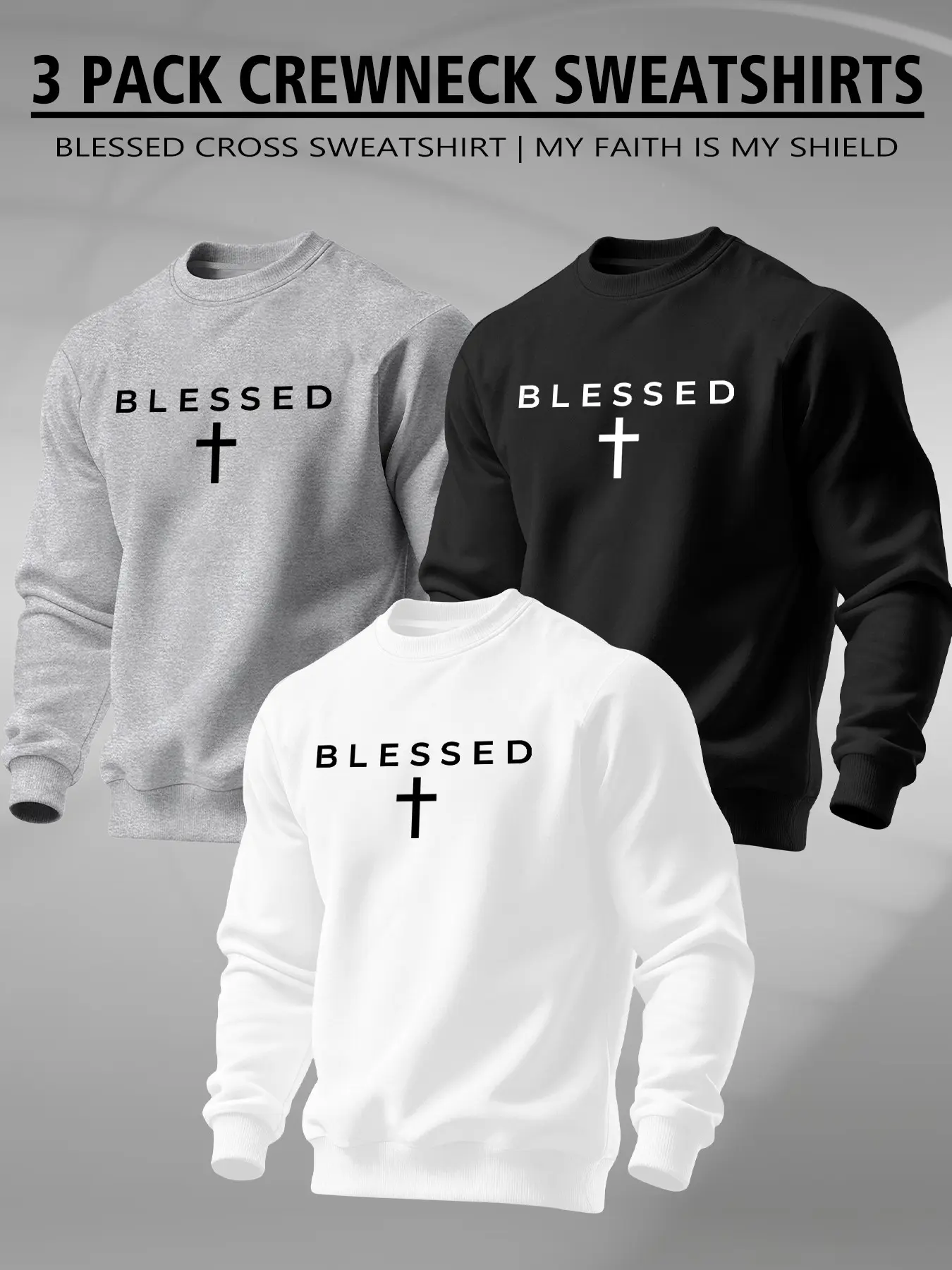 Men's 3 Pack Crewneck Sweatshirts, Minimal Blessed Letter Cross Print, Christian Faith Casual Long Sleeve Tops Bundle for Men