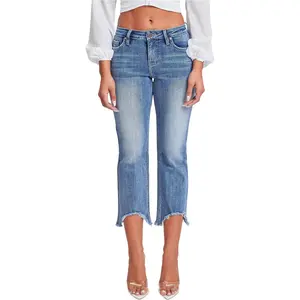Women's Mid Rise Kick Flare Fray Hem Cropped Jeans