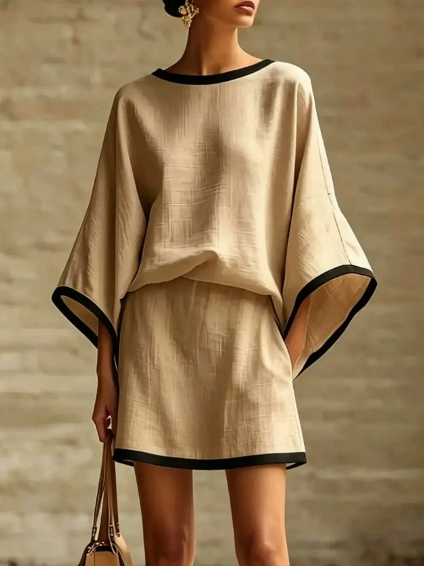 2026 New Summer Autumn European Style Casual Bat Sleeve Top and Short Skirt Set, Women's Colorblock Short Skirt, Two-Piece Fashion Set