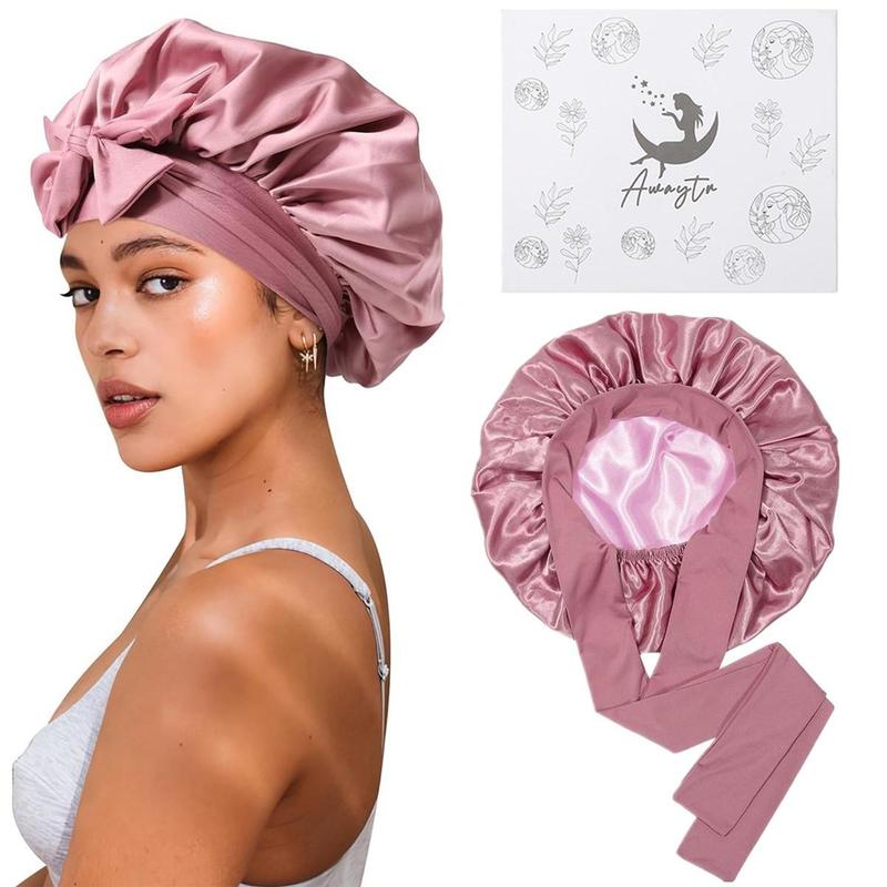 AWAYTR Satin Bonnet for Hair Protection Women Men Reversible Double Layer Two-Color Silk Like Texture for Sleeping Cap Hair Bonnet with Elastic Tie Band Gift box for Curly Hair Night Cap