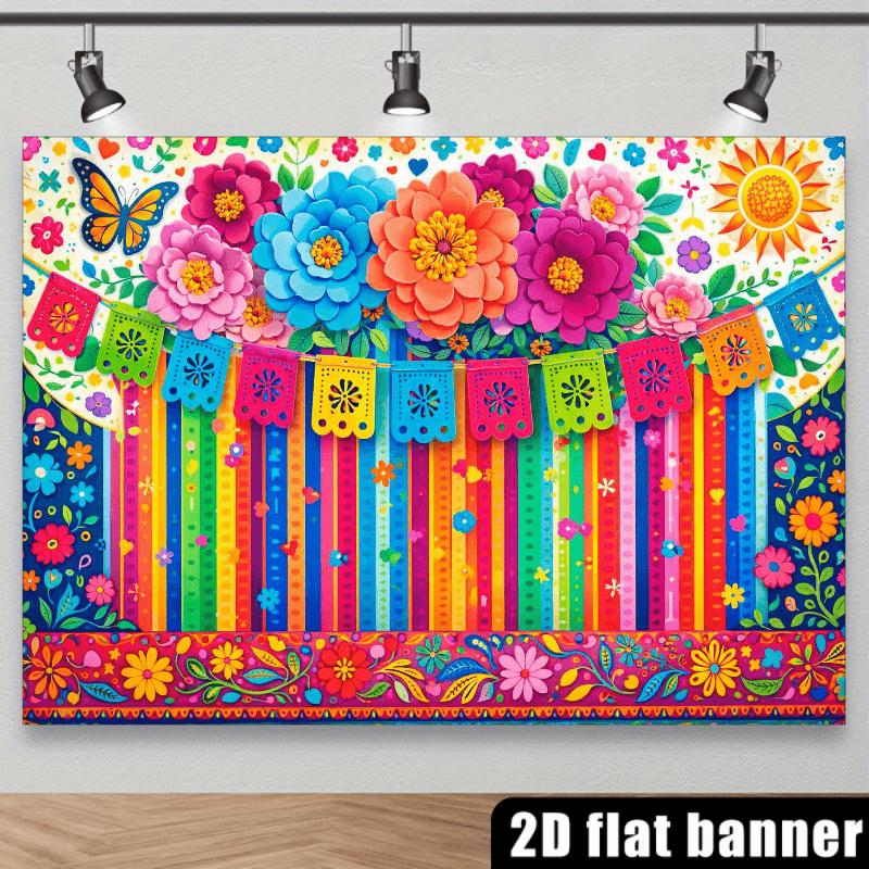 A Colorful Floral Party Backdrop in a Mexican Style on a 2D Plane, Featuring Large, Vibrant Flowers at The Top in Shades of Pink, Blue, Orange, And Purple, with Yellow Centers. Colorful Papel Picado Banners H