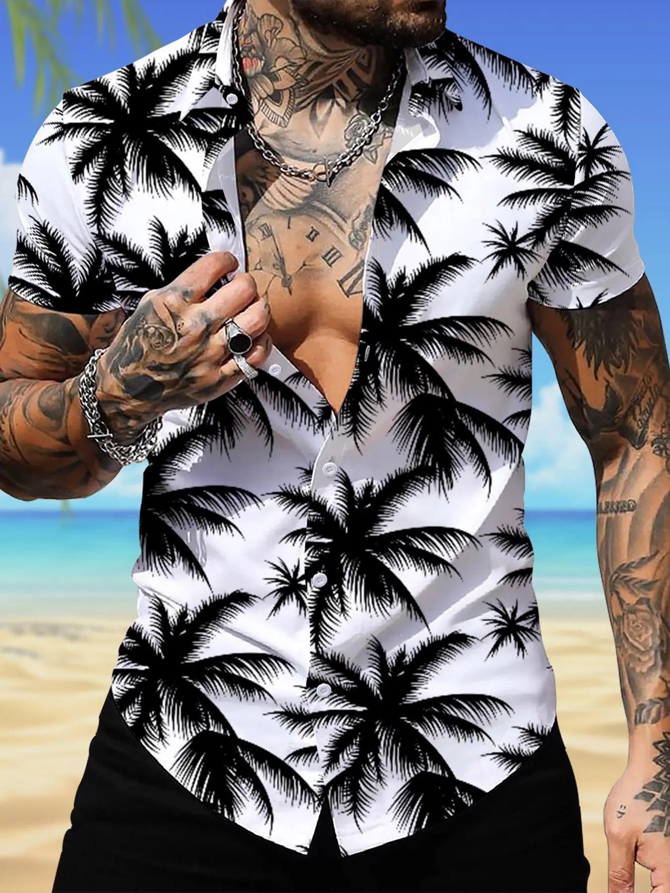 Men's All Over Tropical Palm Tree Print Button Front Shirt, Regular Fit Casual Printed Short Sleeve Collared Top for Summer, Men's Clothes for Beach Vacation, Button Up Tops