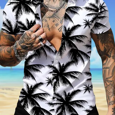Men's All Over Tropical Palm Tree Print Button Front Shirt, Regular Fit Casual Printed Short Sleeve Collared Top for Summer, Men's Clothes for Beach Vacation, Button Up Tops