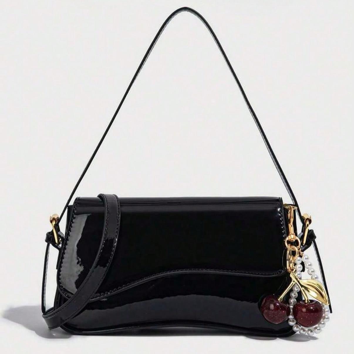 Glossy Black Shoulder Bag with Cherry Charm, Everyday Bag,Versatile Minimalist Handbag Umarm Bag Wallet Purse for Women Ideal for Work, School, Parties, Shopping, and Daily Outings,Bag Charms