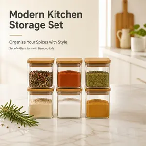 6-Piece Square Glass Spice Jars with Bamboo Lids, food-grade storage containers. Moisture-proof, insect-proof and fresh-keeping, stackable and equipped with labels for neat and stylish condiment organization.